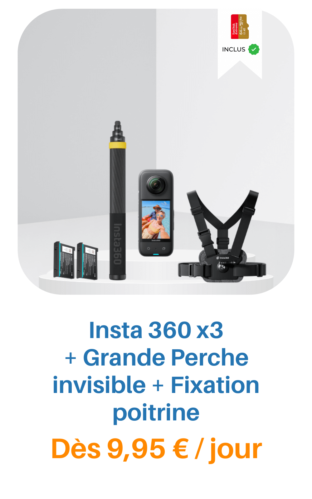Location Insta360 X3 + Perche invisible + Fixation frontale dès 9,45€/jour
